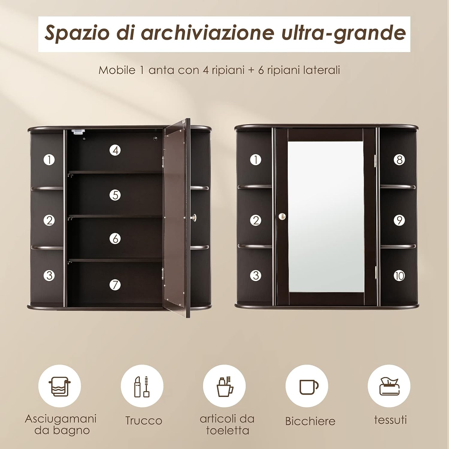Armadietto del Bagno con Specchio, Armadietto di Legno Appeso con Mensole Regolabili, Armadietto dei Medicinali Multiuso per Bagno Salone Cucina (Marronre)