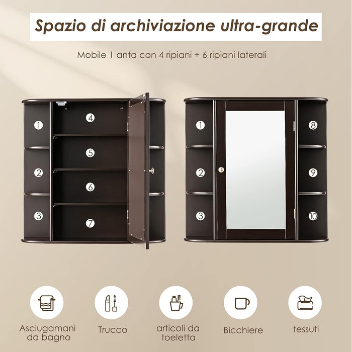 Armadietto del Bagno con Specchio, Armadietto di Legno Appeso con Mensole Regolabili, Armadietto dei Medicinali Multiuso per Bagno Salone Cucina (Marronre)
