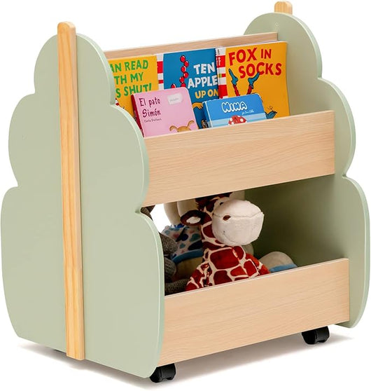 Libreria per Bambini in Legno, Scaffale di Stoccaggio a 2 Livelli per Bambini e Bambine, Organizzatore di Libri e di Giocattoli, Ideale per Caremetta e Nido, 52 x 46 x 62,5 cm (Verde)