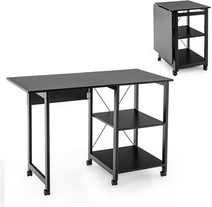 Scrivania Pieghevole per Computer, Scrivania Moderna con 2 Mensole, Postazione di Lavoro per PC con 6 Ruote, Scrivania Compatta Salva Spazio per Casa Ufficio, Marrone (Nero)