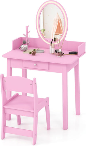 Toeletta Trucco 2 in 1 per Bambina, Specchiera Staccabile per Ragazza in Legno con Sedia, Cassetto e Luci LED Regolabile, Postazione Trucco per 3 Anni, 60 x 35 x 96 cm