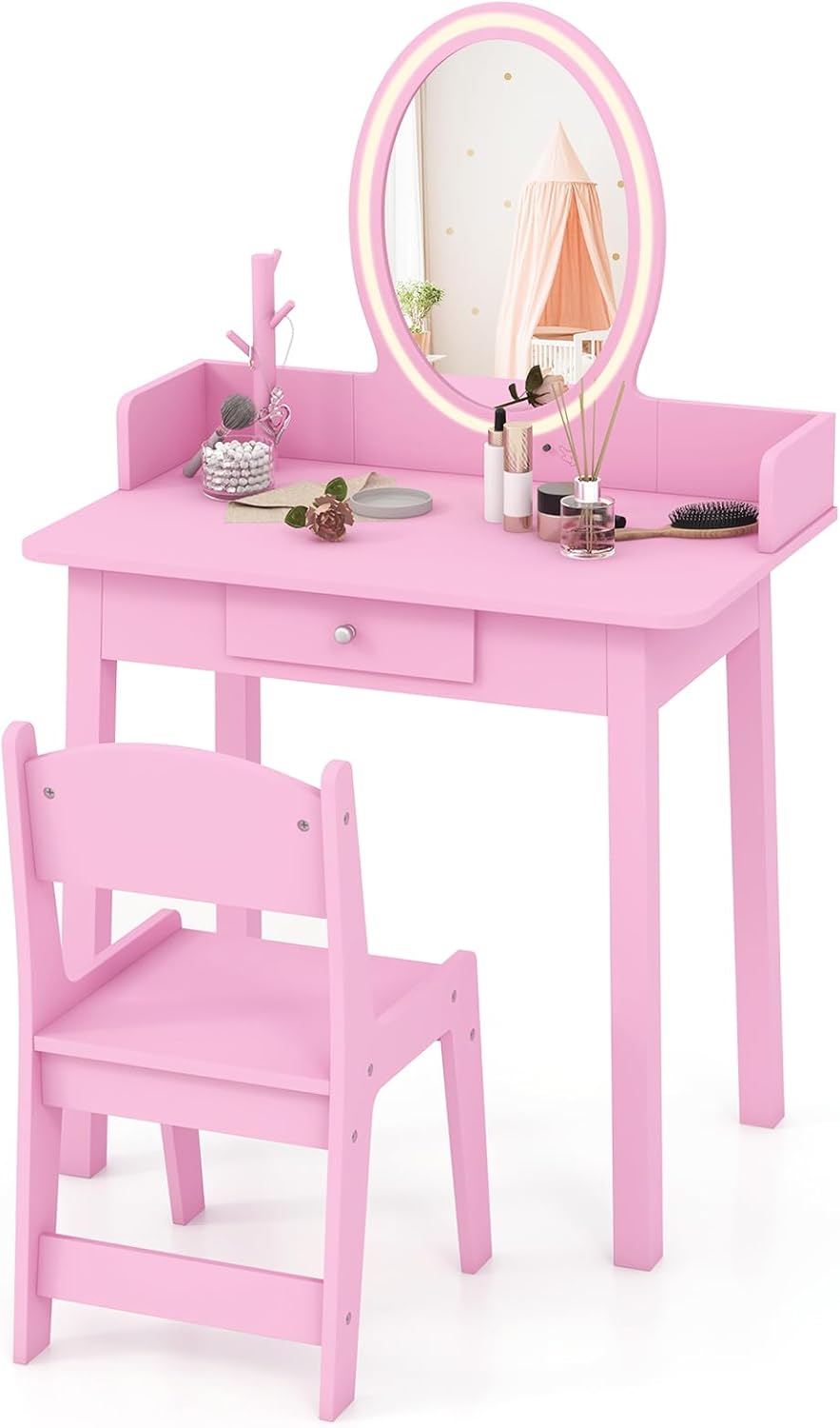 Toeletta Trucco 2 in 1 per Bambina, Specchiera Staccabile per Ragazza in Legno con Sedia, Cassetto e Luci LED Regolabile, Postazione Trucco per 3 Anni, 60 x 35 x 96 cm