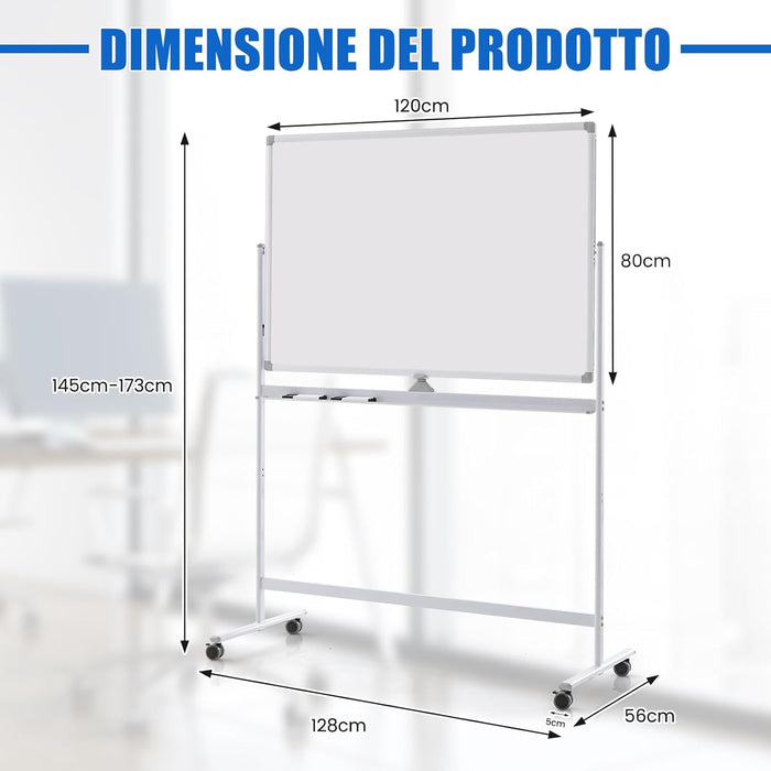 Lavagna Bianca Portatile con Ruote, Lavagna Bianca Regolabile in Altezza, Lavagna a Secco Reversibile per Scuola, Ufficio, Casa, 80 x 120 cm (Bianco)