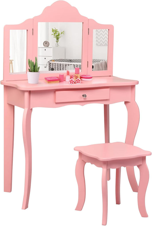 2-in-1 Toeletta Trucco Bambina, Tavolo da Trucco per Bambini con 3 Specchio e Sgabello, Postazione Trucco con 1 Cassetto, 3-7 Anni (Rosa)