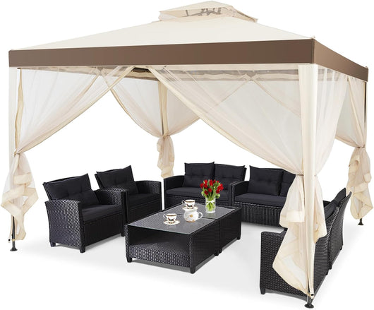 Gazebo da Giardino con Zanzariera 3 x 3 m, Struttura in Acciaio e 4 Tendine Poliestere Laterali (Beige)