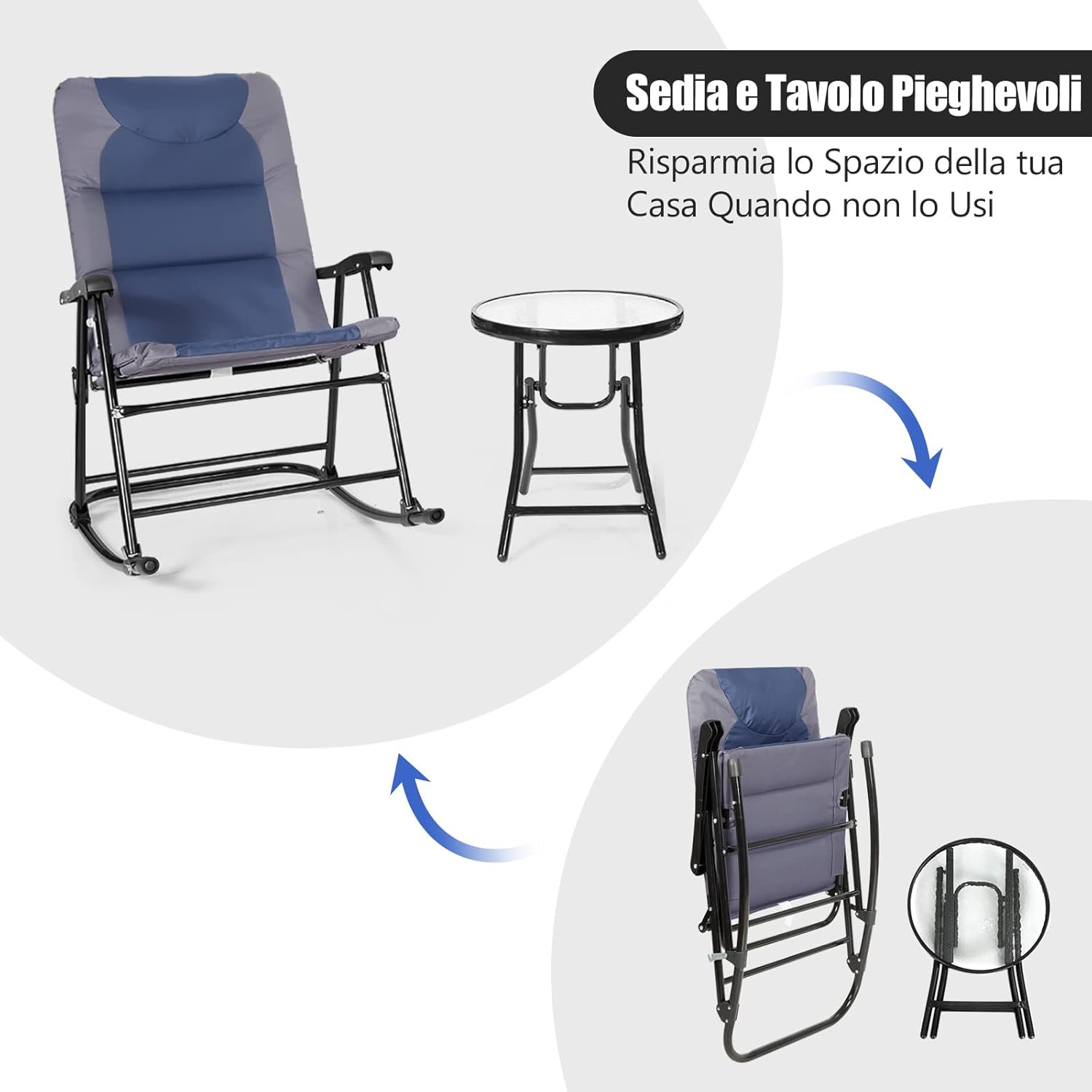 Set di 3 Sedie a Dondolo e Tavolino da Esterno, Sedie e Tavolino Pieghevoli in Vetro e Acciaio, Ideale per Balcone, Giardino e Cortile (Blu)