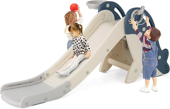 4 in 1 Scivolo per Bambini, Set da Giocattolo Arrampicata con Canestro da Basket Lancio Palla ed Anelli, Scivolo Pieghevole da Interno ed Esterno per Bambini 3 Anni +