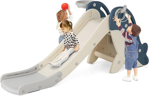 4 in 1 Scivolo per Bambini, Set da Giocattolo Arrampicata con Canestro da Basket Lancio Palla ed Anelli, Scivolo Pieghevole da Interno ed Esterno per Bambini 3 Anni +