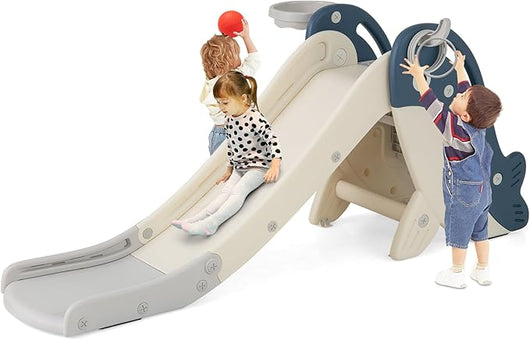 4 in 1 Scivolo per Bambini, Set da Giocattolo Arrampicata con Canestro da Basket Lancio Palla ed Anelli, Scivolo Pieghevole da Interno ed Esterno per Bambini 3 Anni +