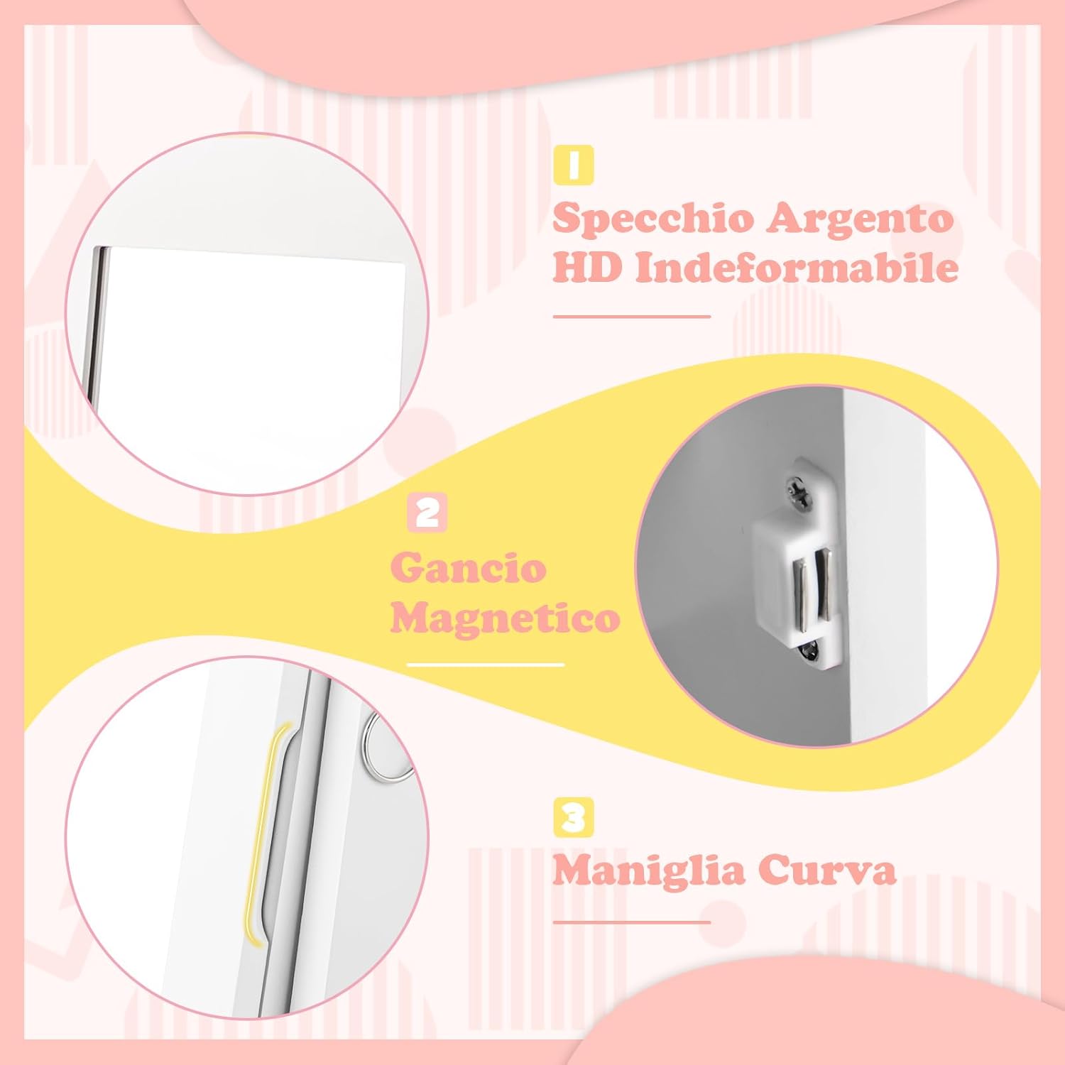 Specchio Portagioie da Terra, Armadietto Portagioielli e Girevole con Specchio a Figura Intera e 4 Ruote Universali Bloccabili, Specchiera da Camera da Letto per Bambini