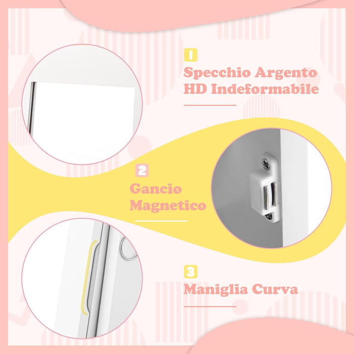 Specchio Portagioie da Terra, Armadietto Portagioielli e Girevole con Specchio a Figura Intera e 4 Ruote Universali Bloccabili, Specchiera da Camera da Letto per Bambini