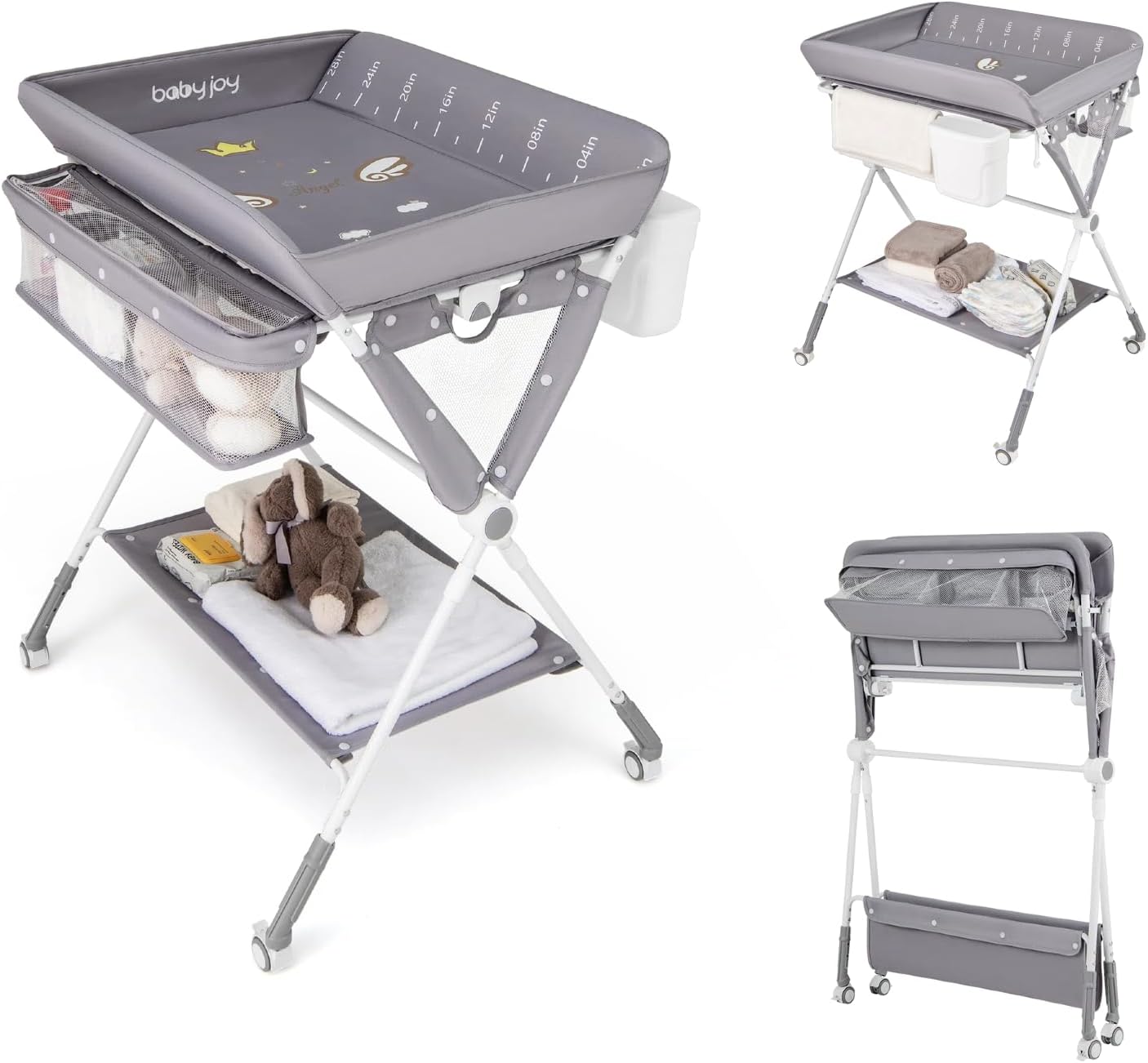 Fasciatoio Neonato Pieghevole, Fasciatoio Portatile con Altezza Regolabile a 3 Livelli, Fasciatoio Neonato con Ruote di Bloccabili, Ripiano, Porta Asciugamani, Cestino di Rifiuti (Grigio)