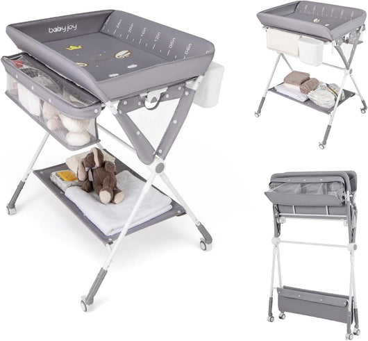 Fasciatoio Neonato Pieghevole, Fasciatoio Portatile con Altezza Regolabile a 3 Livelli, Fasciatoio Neonato con Ruote di Bloccabili, Ripiano, Porta Asciugamani, Cestino di Rifiuti (Grigio)