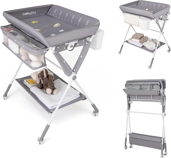 Fasciatoio Neonato Pieghevole, Fasciatoio Portatile con Altezza Regolabile a 3 Livelli, Fasciatoio Neonato con Ruote di Bloccabili, Ripiano, Porta Asciugamani, Cestino di Rifiuti (Grigio)