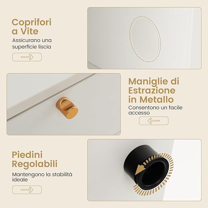 Credenza Buffet da Cucina, Armadio Buffet Moderno con Cassetti e Scomparti Aperti, Armadio da Cucina con Gambe in Metallo, per Cucina, Sala da Pranzo e Soggiorno, 108 x 39 x 50 cm