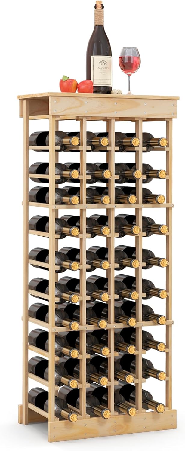 Portabottiglie di Vino, Scaffale per 40 Bottiglie di Vino in Legno di Pino, Cantinetta Porta Vino, 113 x 47 x 28 cm (Con Traversa)