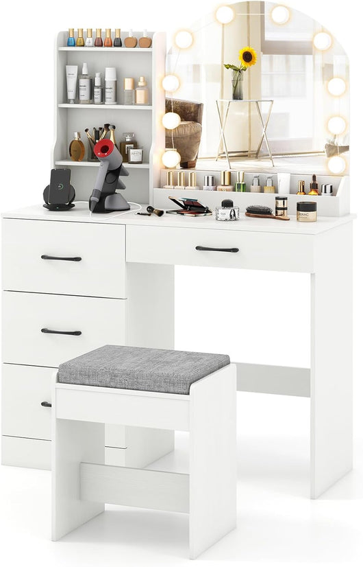 Toeletta da Trucco con Luci, Set Tavolo da Trucco e Sgabello con Stazione di Ricarica, Luci LED Regolabili a 3 Colori, 4 Cassetti e Ripiani di Stoccaggio Aperti