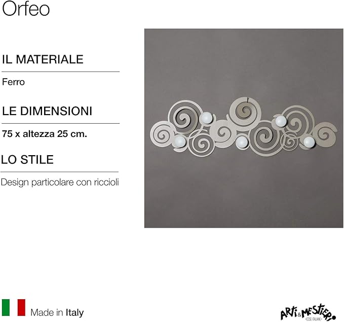 Appendiabiti Orfeo Sabbia da parete con 6 ganci in acciaio, design originale e salvaspazio per casa e bagno, made in Italy