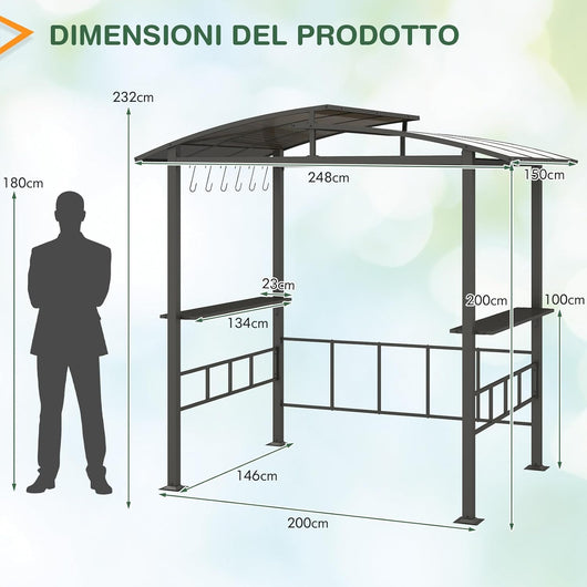 Gazebo Barbecue 248 x 150 x 232 cm, Gazebo con Struttra in Metallo con Tetto in Policarbonato Ventilato, Mesnole Laterali e Ganci, Tenda per Giardino, Patio e Cortile