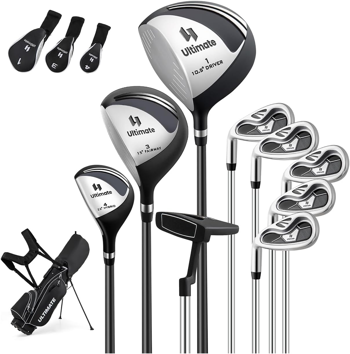 Set Completo di Mazze da Golf per Mancini da Uomo, Borsa Portatile con Supporto e Cappuccio Antipioggia, Include Driver 1 da 460CC, Fairway 3, Ibrido 4, Ferri 6, 7, 8, 9, P e Putter (Nero)