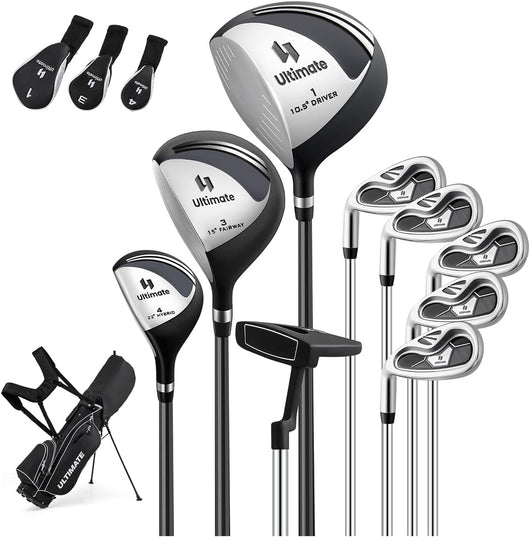 Set Completo di Mazze da Golf per Mancini da Uomo, Borsa Portatile con Supporto e Cappuccio Antipioggia, Include Driver 1 da 460CC, Fairway 3, Ibrido 4, Ferri 6, 7, 8, 9, P e Putter (Nero)
