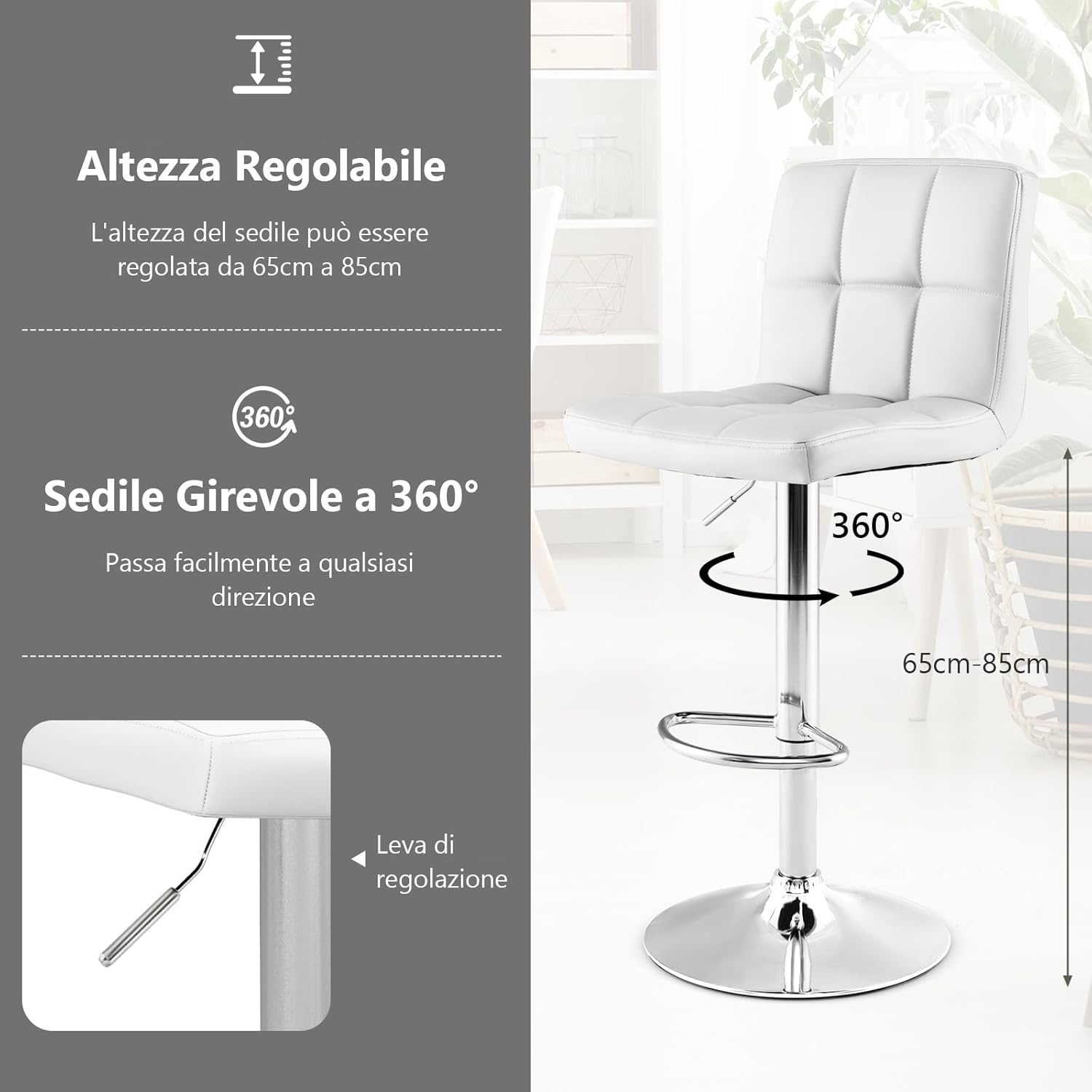 Set Sedie da Bar in Ecopelle con Altezza Regolabile, Seduta Girevole a 360°, Poggiapiedi e Base Metallica Antiscivolo, Sgabelli da Pranzo per Isola Cucina Bar, Portata 150 kg (Bianco,1)