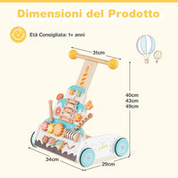Girello in Legno per Bmabini, Passeggino Regolabile in Altezza con Centro Attività, Carello Primi Passi con Xilofono, Blocchi Scorrevoli e Perline Mobili, per Bambini 1+ Anni