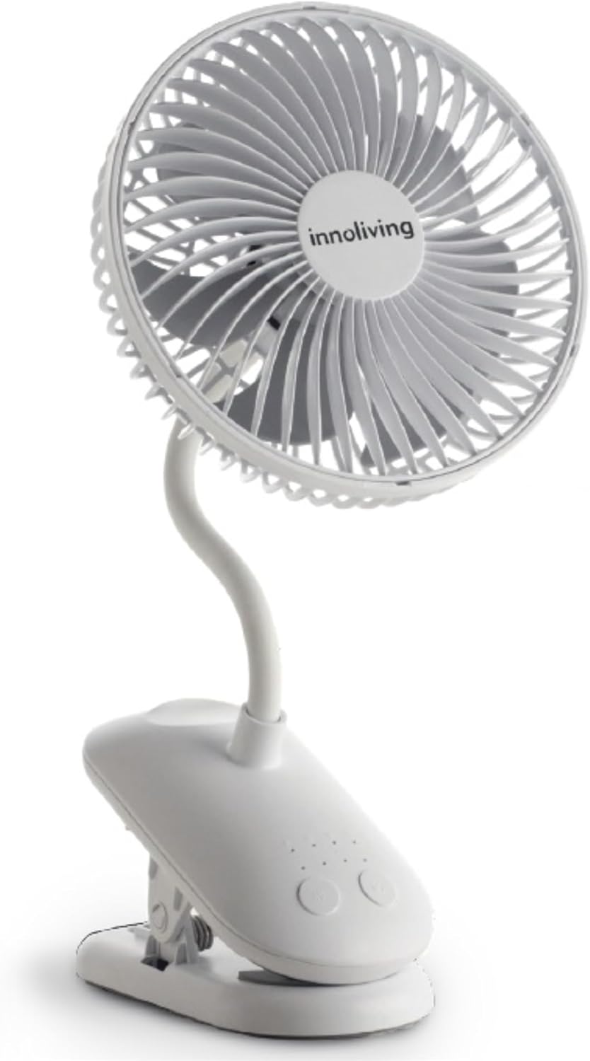Innoliving Ventilatore Pieghevole Ricaricabile Senza Fili,Altezza Regolabile, 3 Velocità, Angolo 90°, Batteria Litio 1800mAh, Ricarica USB, Portatile, Conveniente (Bianco, 15 cm Pieghevole con Clip)
