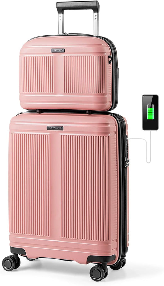 Set di Bagagli da 2 Pezzi, Valigia Trolley da 20" e Casetta da Trucco da 14" in Materiale PP Rigido Leggero con Lucchetto TSA, Porta USB e Ruote Girevoli, Bagaglio a Mano Espandibile (Rosa)