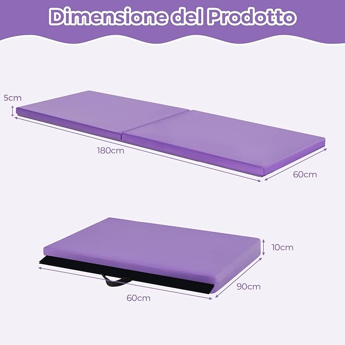 Tappetino Yoga Pieghevole e Portatile, Tappeto Palestra Spesso e Morbido con Maniglie, Tappeto Fitness per Case e Palestra, 180 x 60 x 4 cm