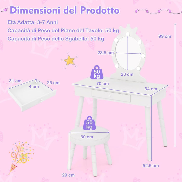Set Toeletta Trucco per Bambina con Sgabello, Specchiera Trucco Staccabile con Luci LED a 3 Colori, Postazione Trucco Giocattolo con Cassetto e Accessori, per Bambine di 3-7 Anni (Bianco)