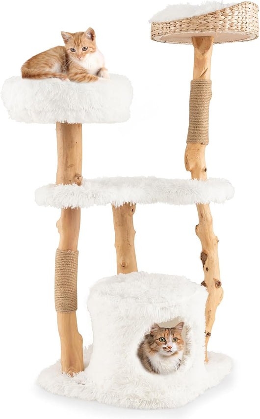 Albero per Gatti in Legno Alto 124 cm, Albero Tiragraffi per Gatti in Legno Massello con Pali di Corda di Juta, Torre Moderno per Animali Domestici Interni a 5 Livelli (Bianco)