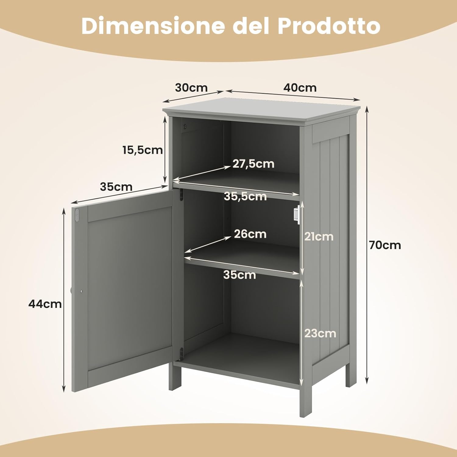 Armadio per Bagno, Mobile Multifunzionale con Anta Singola e Mensola Regolabile, Organizer Moderno di Legno, Tavolino per Casa Salone Camera da Letto Ufficio (Grigio)