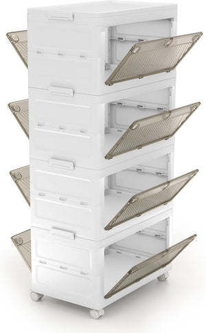 Comodino in Plastica Multipiano con Coperchio 168 L, Scatole Impilabili con 4 Ruote e Freni, Contenitori di Stoccaggio Pieghevole, per Soggiorno, Camera da Letto e Bagno, Bianco (4 Ripiani)