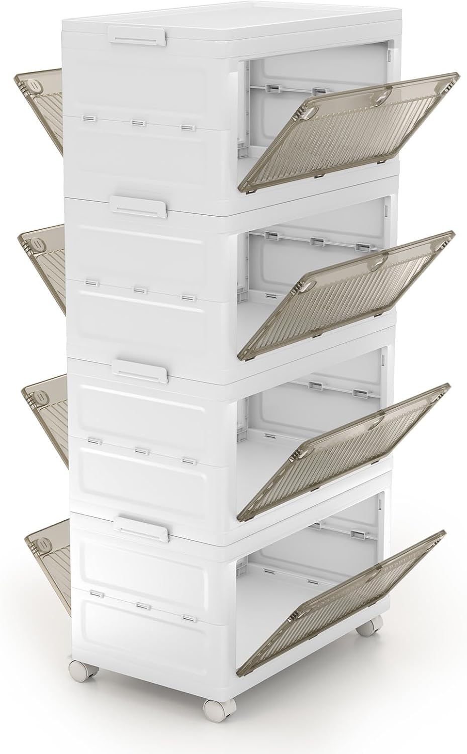 Comodino in Plastica Multipiano con Coperchio 168 L, Scatole Impilabili con 4 Ruote e Freni, Contenitori di Stoccaggio Pieghevole, per Soggiorno, Camera da Letto e Bagno, Bianco (4 Ripiani)