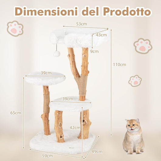 Tiragraffi per Gatti in Legno 110cm, Torre in Peluche Lunga per Animali Domestici con Pali in Corda di Juta Naturale e Palla Pendente, Albero Moderno per Gatti, Bianco e Naturale