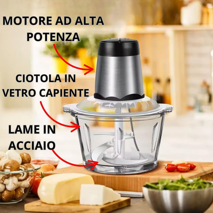 Tritatutto da Cucina Elettrico 500W – Frullatore con 4 Lame in Acciaio Inox, Robot da Cucina Multifunzione con Contenitore in Vetro 3L, Tritacarne e Verdure, Doppia Velocità