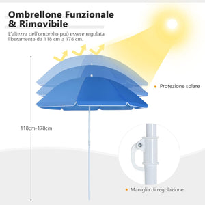 Set di 2 Sedie da Campeggio Pieghevoli, con Ombrellone e Tavolino Contenitore, Resistente e Leggero, Capacità 113 kg (blu)