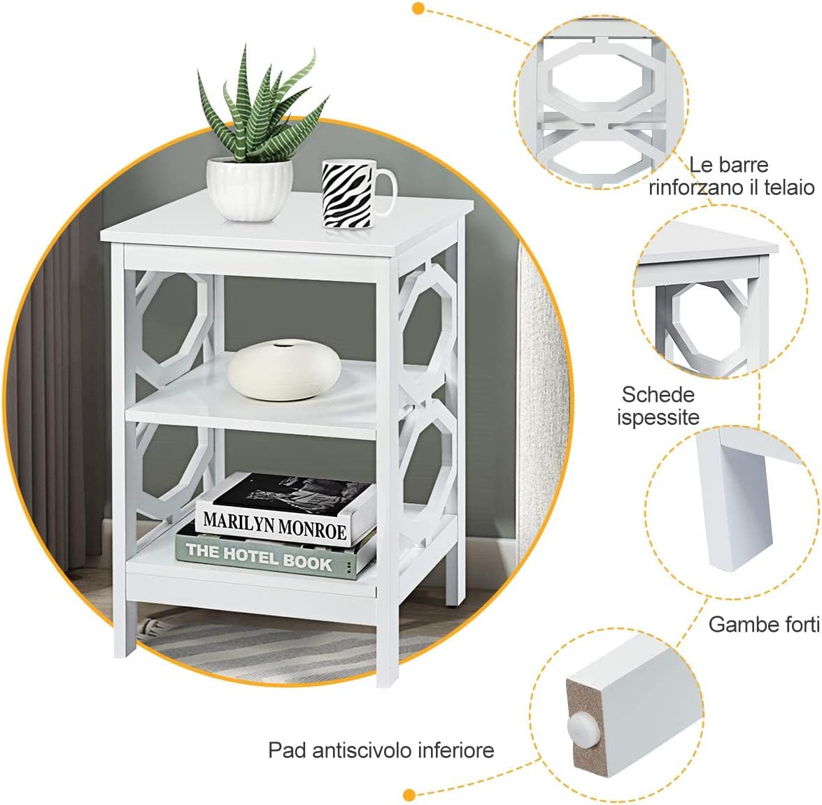 Comodino per Camera da Letto con 3 Ripiani, Tavolino da Salotto, Varie Modelli e Colori (Bianco 8（2 pezzi）)