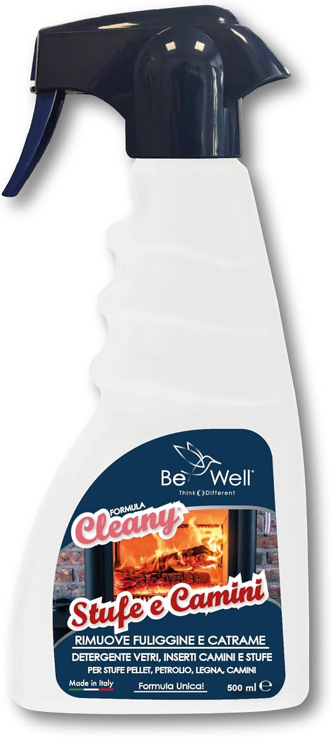 CLEANY Detergente Disincrostante per Vetri Interni di Camini e Stufe, Pulisce Fuliggine e Annerimenti, Rimuove Carbone Incrostato, Rapido, Senza Strofinare, Vetri Neri, 500ml