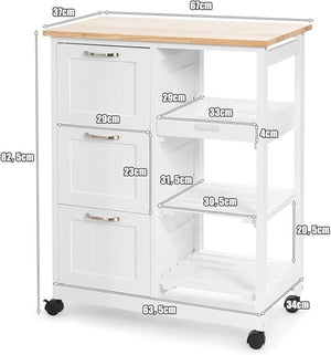 Carrello da Cucina con Ruote, Credenza Cucina con 4 Ripiani e 3 Cassetti, in Legno, Ideale per Cucina Ristorante e Bar, 67 x 37 x 83,5 cm (Bianco)