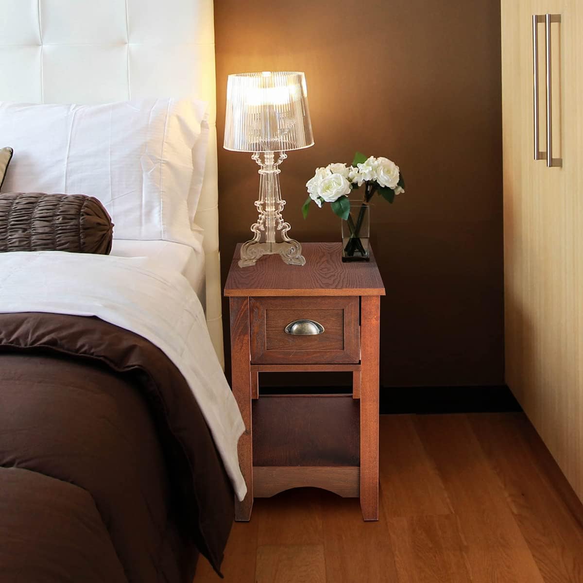 Tavolino da Salotto in Legno Massello, Comodino con 1 Cassetto e 1 Ripiano, Tavolino Basso da Soggiorno e Camera da Letto (56 x 33 x 58,5 cm, Legno di ciliegio, 2)