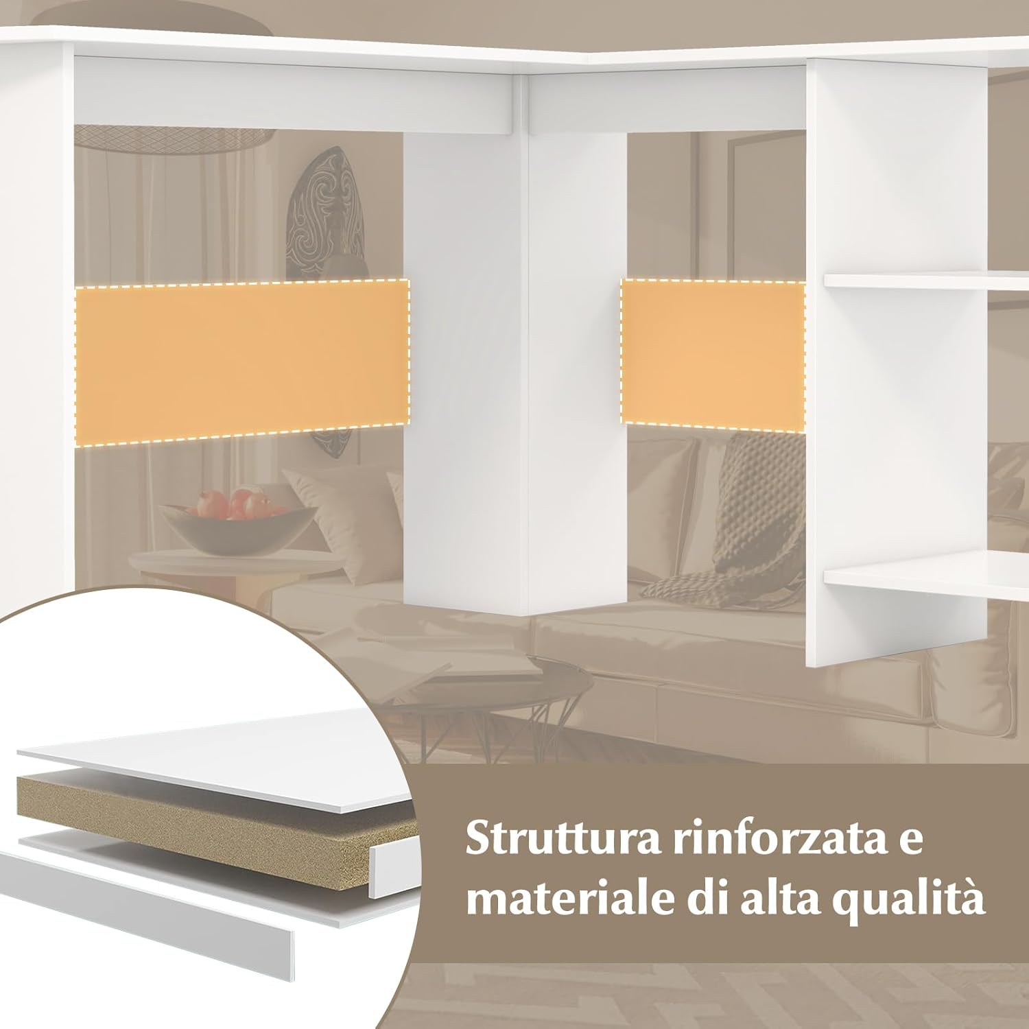 Scrivania Angolare per Computer con Ripiani, Scrivania Porta PC in Legno, Scrivania Salvaspazio e Moderna per Ufficio e Studio, 130 x 130 x 72,5 cm (Bianco)