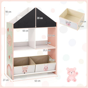 Libreria per Bambini, Organizzatore in Legno a Forma di Casa Bambole, con 2 in 1 Lavagne 4 Scomparti 2 Ripiani e 2 Cassetti, per Stanza Giochi Camera da Letto, 63x27x90 cm (Rossa)
