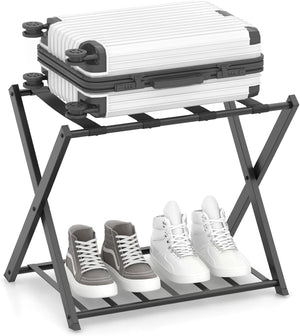 Portavaligie Pieghevole, Porta Valigie Poggia Bagaglio a 2 Ripiani, Cavalletto da Valigie, per Hotel e Viaggio, in Metallo, 68 x 43 x 56 cm (Nero 1)