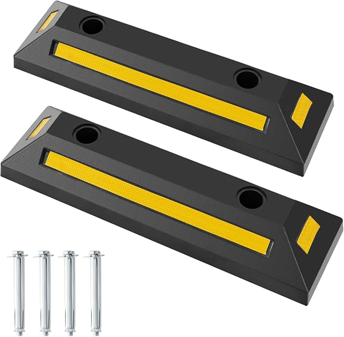 Ferma Ruota per Veicoli da Garage, Set di Fermaruote in Gomma per Parcheggi, con Strisce Riflettenti, per Uso Interno ed Esterno, 54,5 x 16 x 9 cm