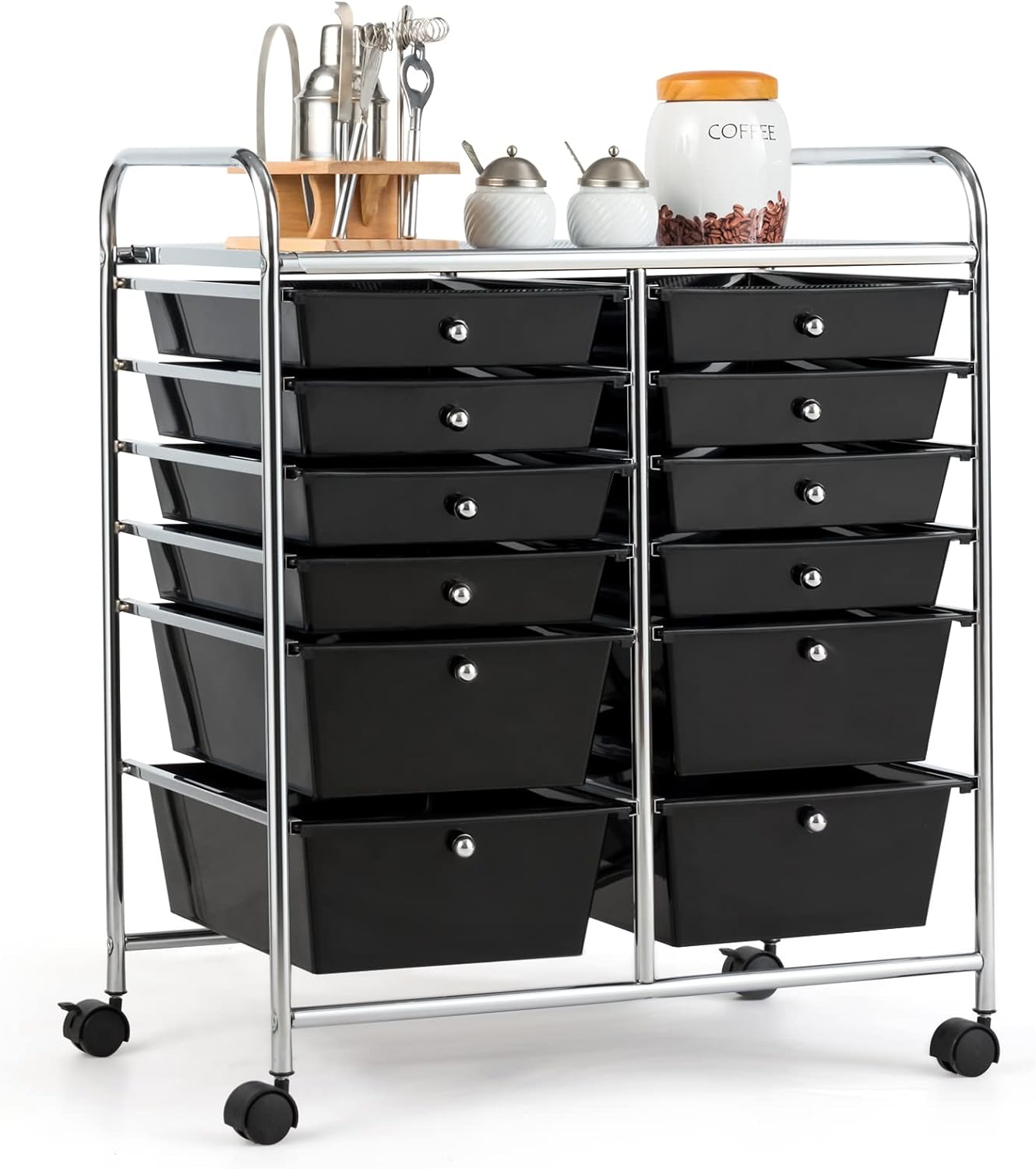 Carrello con 12 Cassetti con Ruote, Ideale per Ufficio e Domestico, 73,5 x 37 x 63 cm (Nero)