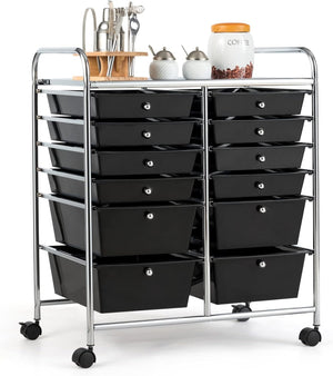 Carrello con 12 Cassetti con Ruote, Ideale per Ufficio e Domestico, 73,5 x 37 x 63 cm (Nero)