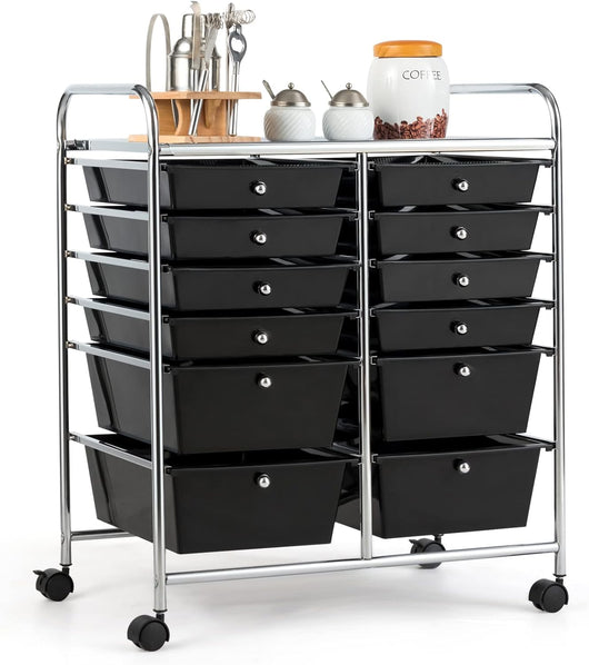 Carrello con 12 Cassetti con Ruote, Ideale per Ufficio e Domestico, 73,5 x 37 x 63 cm (Nero)