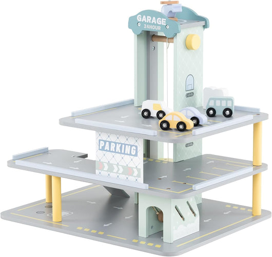 Set di Gioco Garage per Parcheggio, Garage di Giocattolo in Legno a 3 Strati con 4 Auto, Stazione di Servizio, Ascensore, Barra di Sollevamento, per Bambini di 3+ Anni